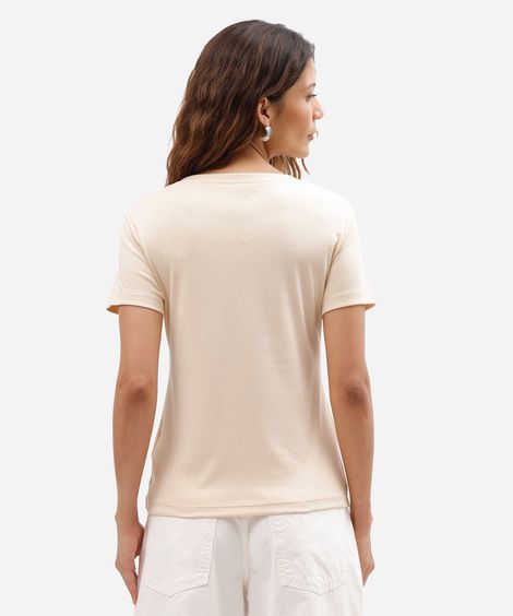 camiseta básica feminina de algodão com decote v bege