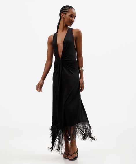 vestido longo feminino decote v com franjas preto