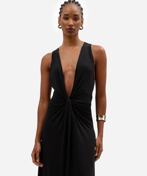 vestido longo feminino decote v com franjas preto