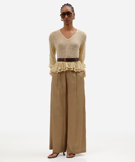calça feminina wide leg de crepe com cinto bege