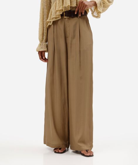 calça feminina wide leg de crepe com cinto bege