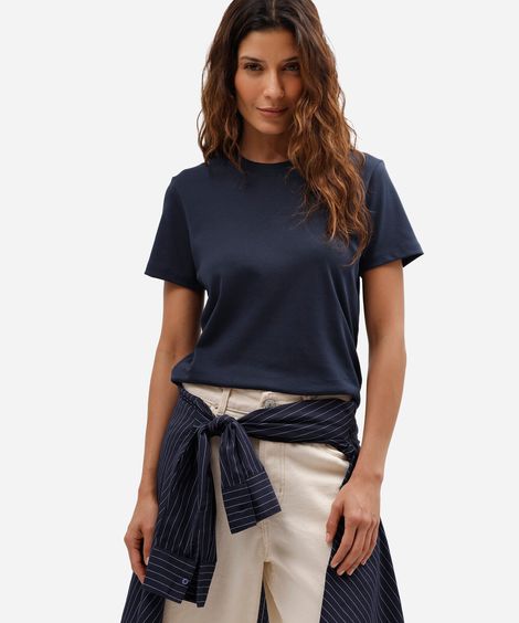 camiseta slim feminina de algodão peruano manga curta básica azul