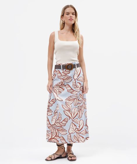 saia midi feminino com linho e cinto folhagens azul