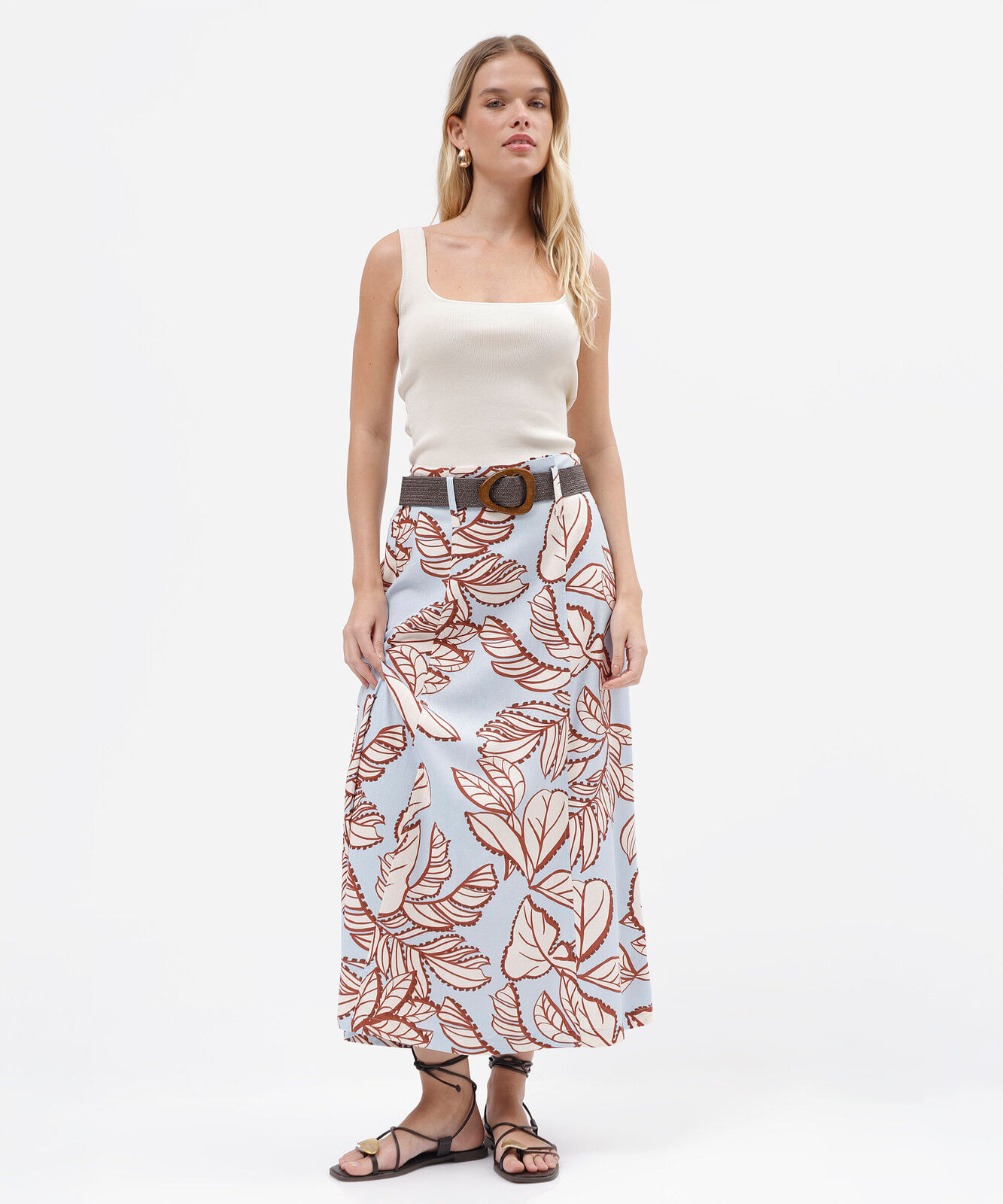 saia midi feminino com linho e cinto folhagens azul