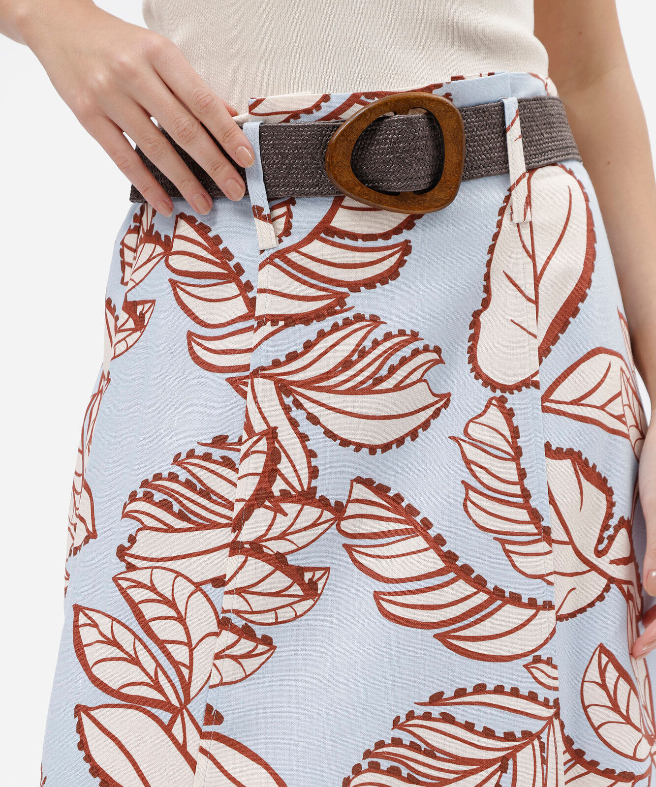 saia midi feminino com linho e cinto folhagens azul