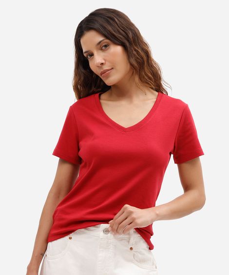 camiseta básica feminina de algodão com decote v vermelha