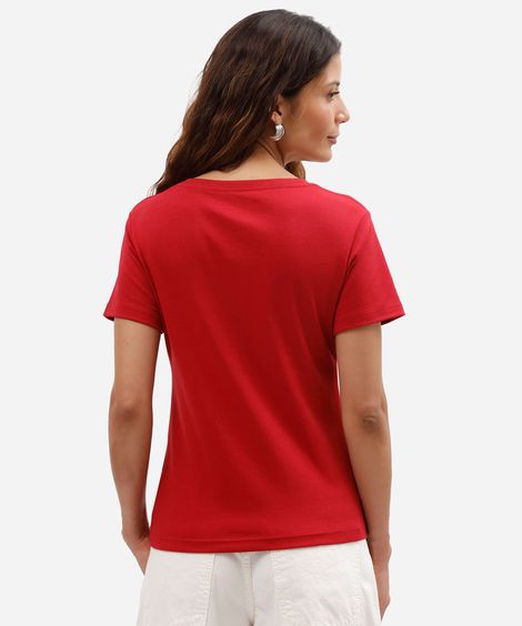 camiseta básica feminina de algodão com decote v vermelha