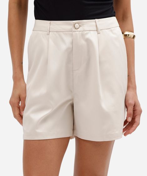 shorts feminino de alfaiataria com pregas bege