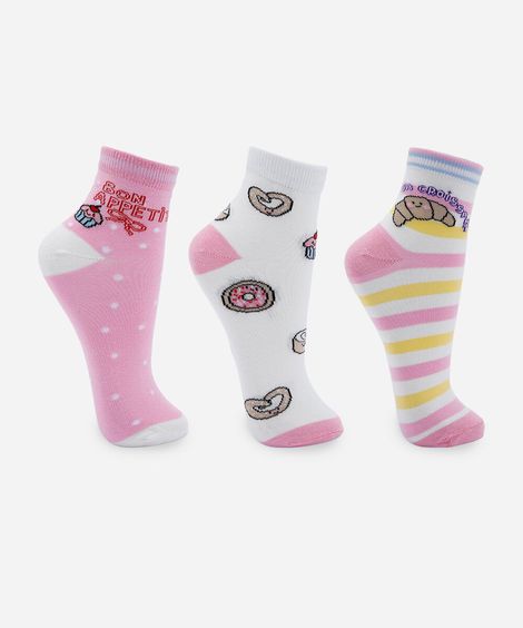 Kit de 3 meias infantil cano médio comidinhas colorido