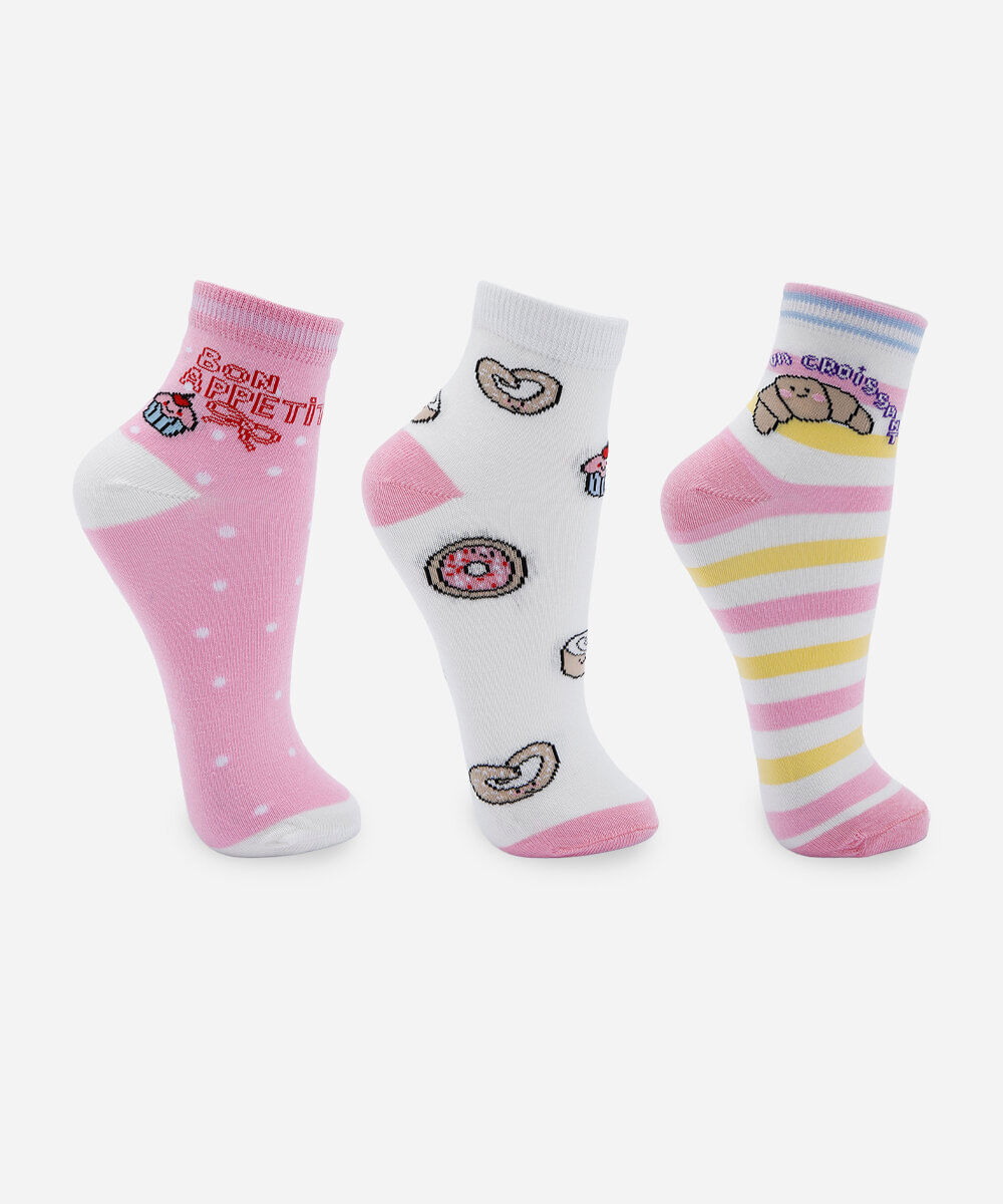 Kit de 3 meias infantil cano médio comidinhas colorido