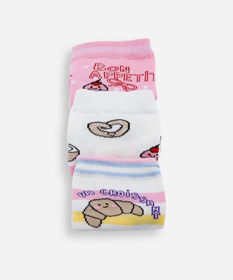 Kit de 3 meias infantil cano médio comidinhas colorido