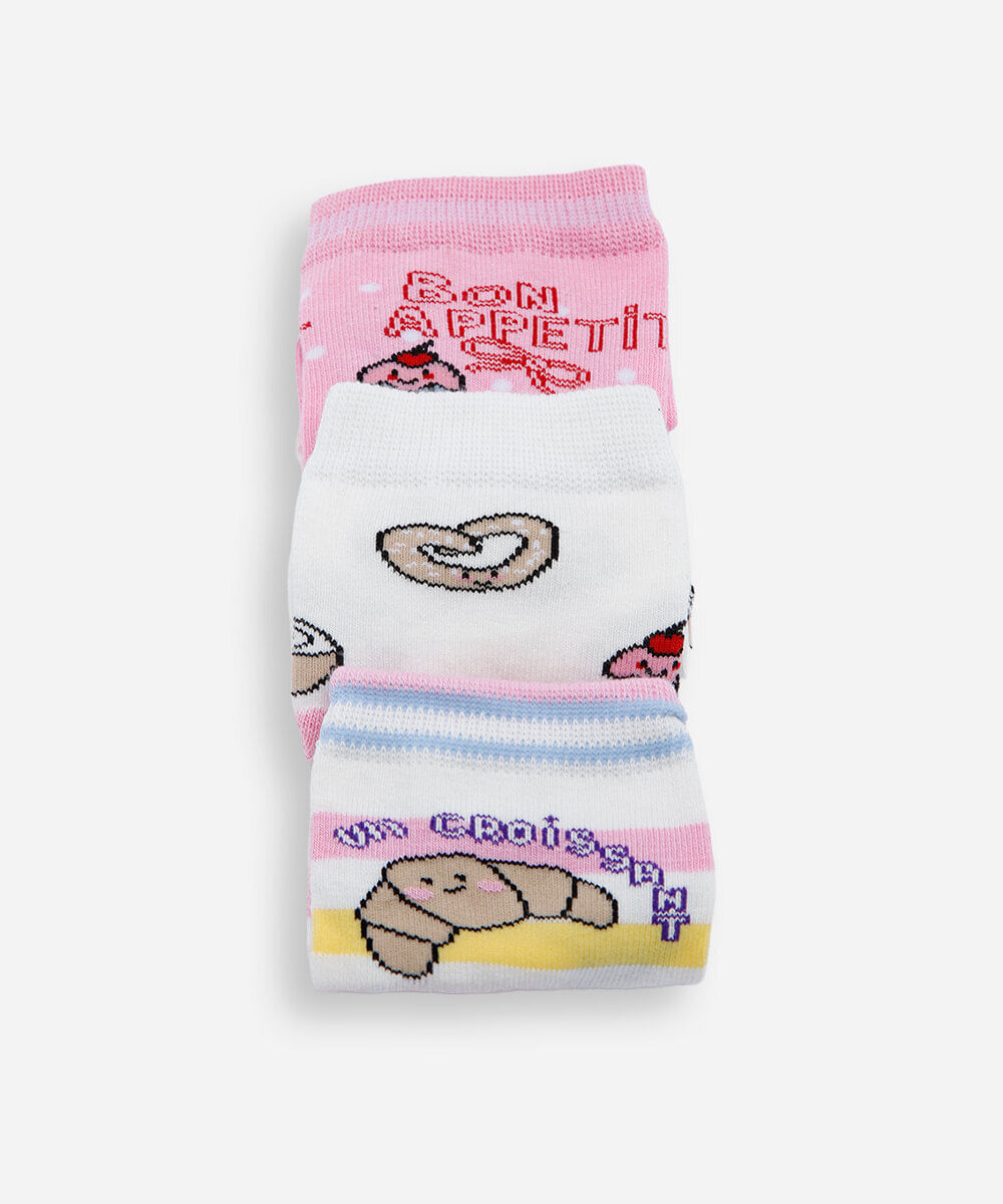 Kit de 3 meias infantil cano médio comidinhas colorido