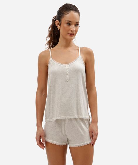 pijama short doll feminino com renda cinza