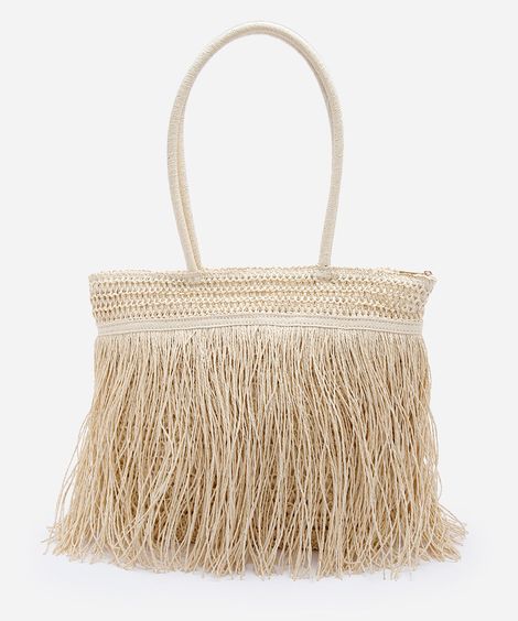 bolsa feminina shopper de palha com franjas bege