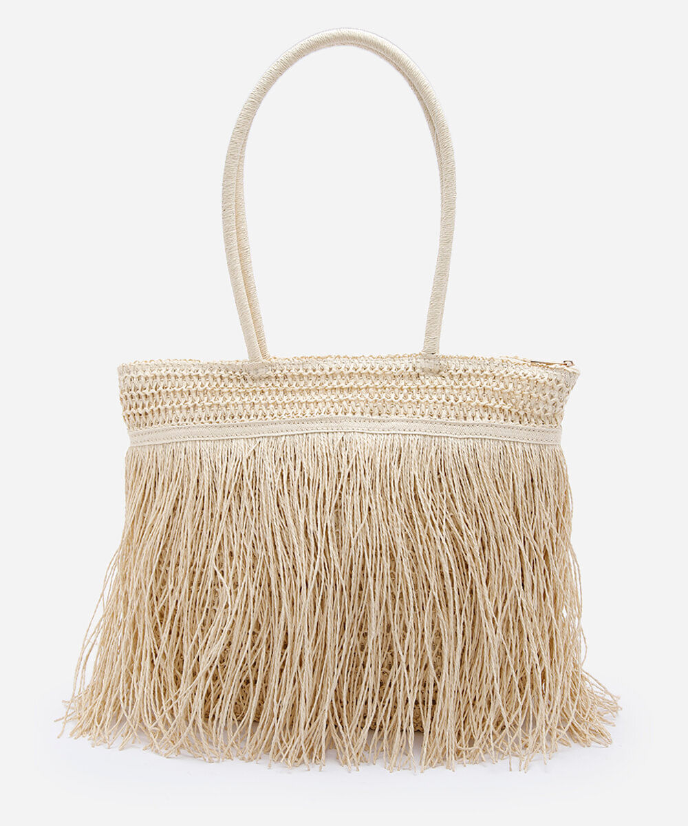 bolsa feminina shopper de palha com franjas bege