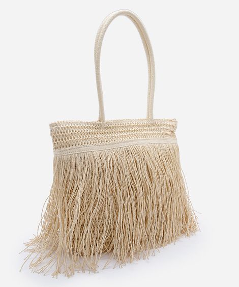 bolsa feminina shopper de palha com franjas bege