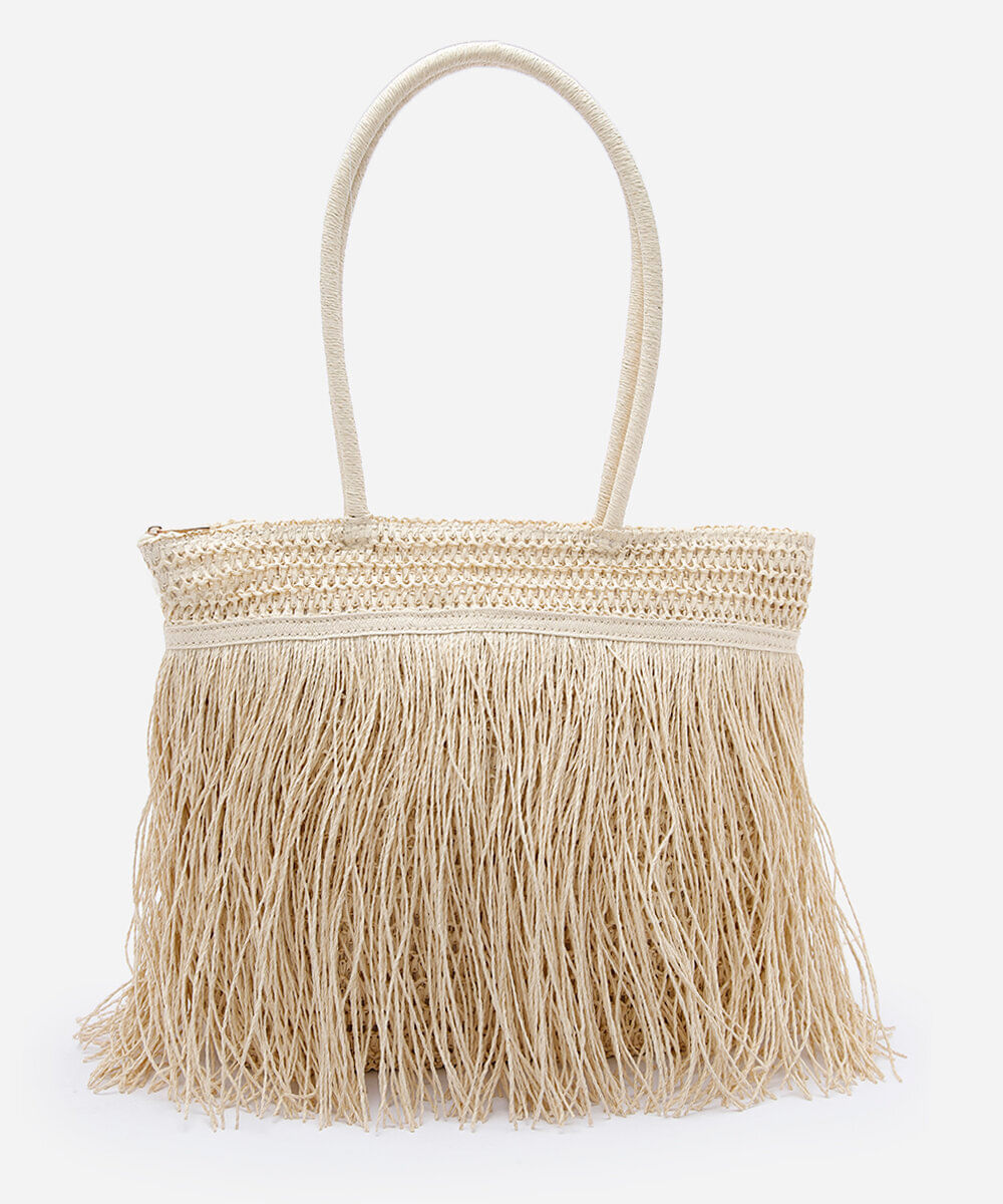 bolsa feminina shopper de palha com franjas bege