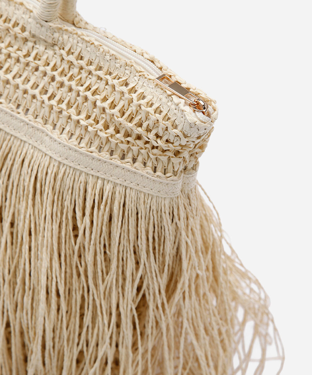 bolsa feminina shopper de palha com franjas bege