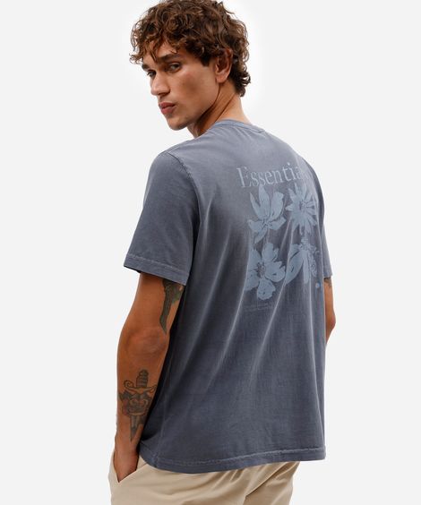 camiseta masculina de algodão manga curta estonada floral azul