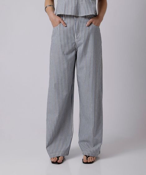 calça wide leg feminina de sarja listrada mindset azul