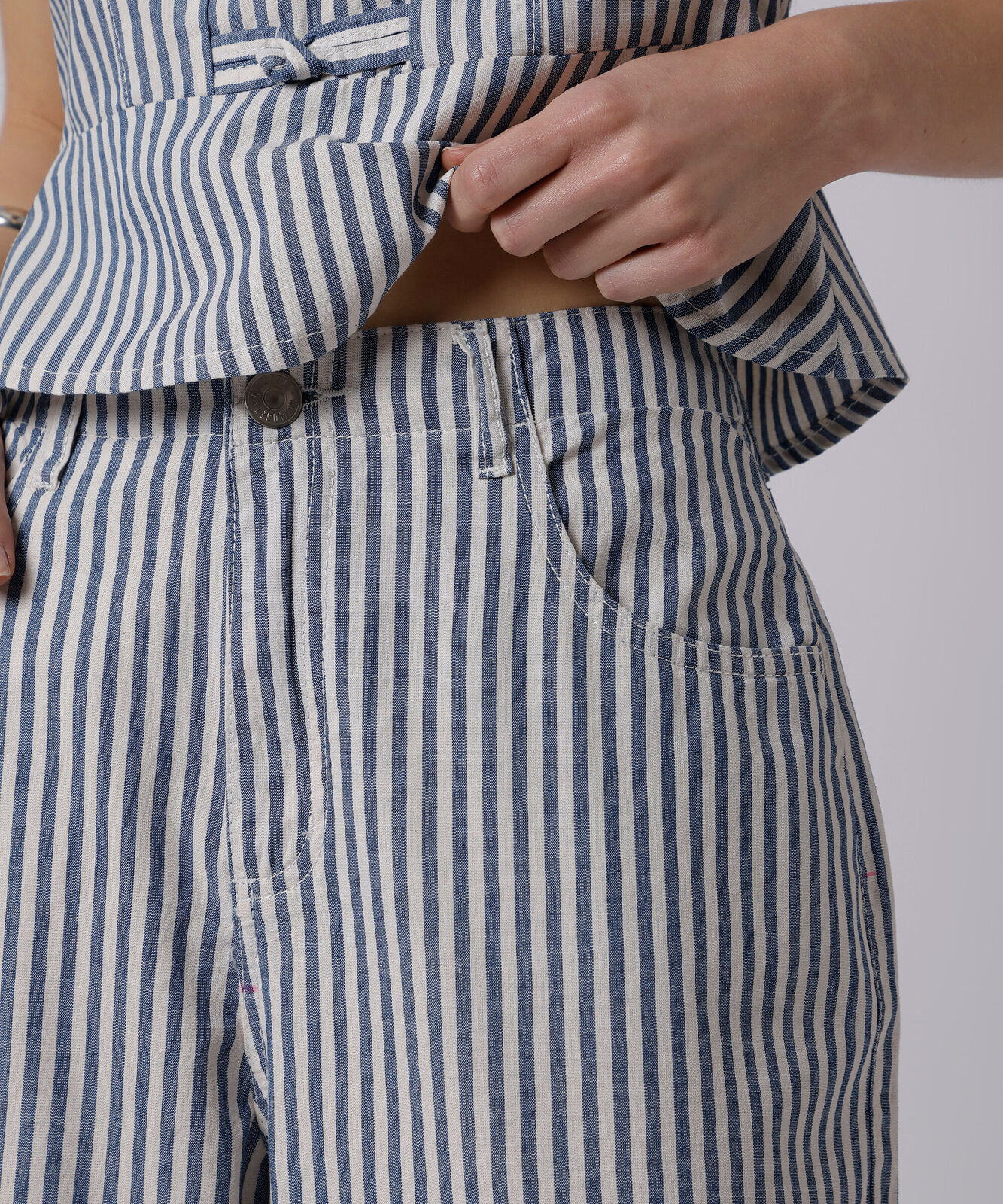 calça wide leg feminina de sarja listrada mindset azul