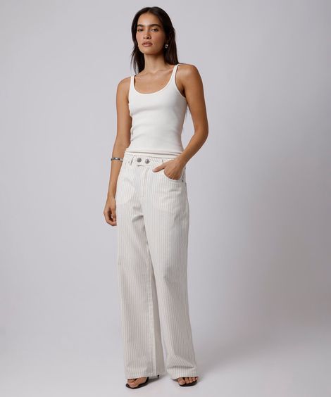 calça reta feminina de sarja cintura alta listrada mindset off white