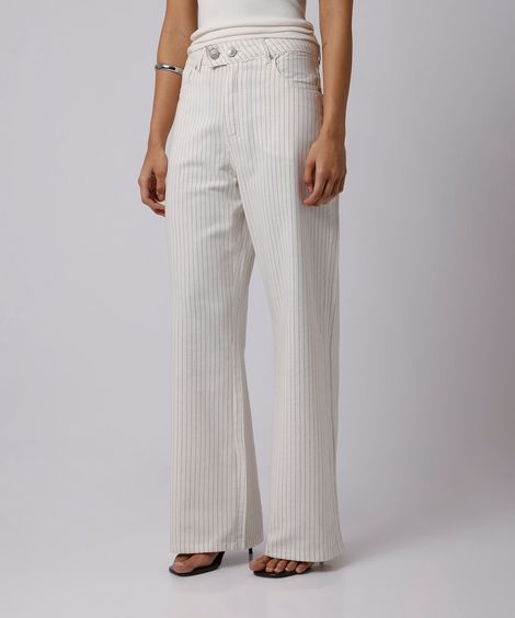 calça reta feminina de sarja cintura alta listrada mindset off white