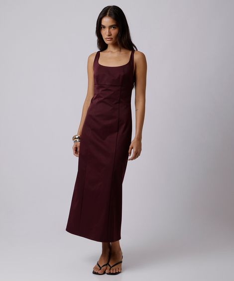 vestido longo feminino de alfaiataria decote quadrado mindset vinho