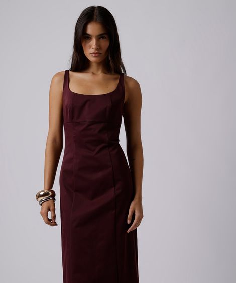 vestido longo feminino de alfaiataria decote quadrado mindset vinho