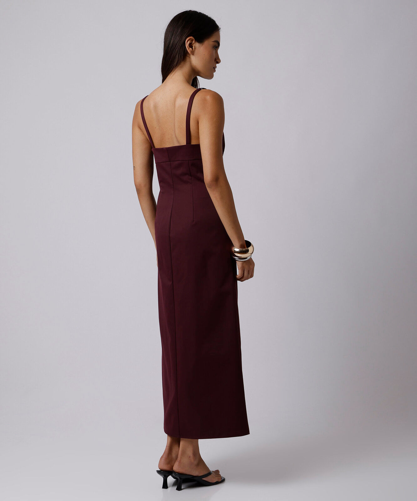 vestido longo feminino de alfaiataria decote quadrado mindset vinho