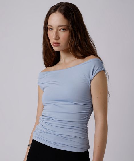 blusa ombro a ombro feminina franzida mindset azul