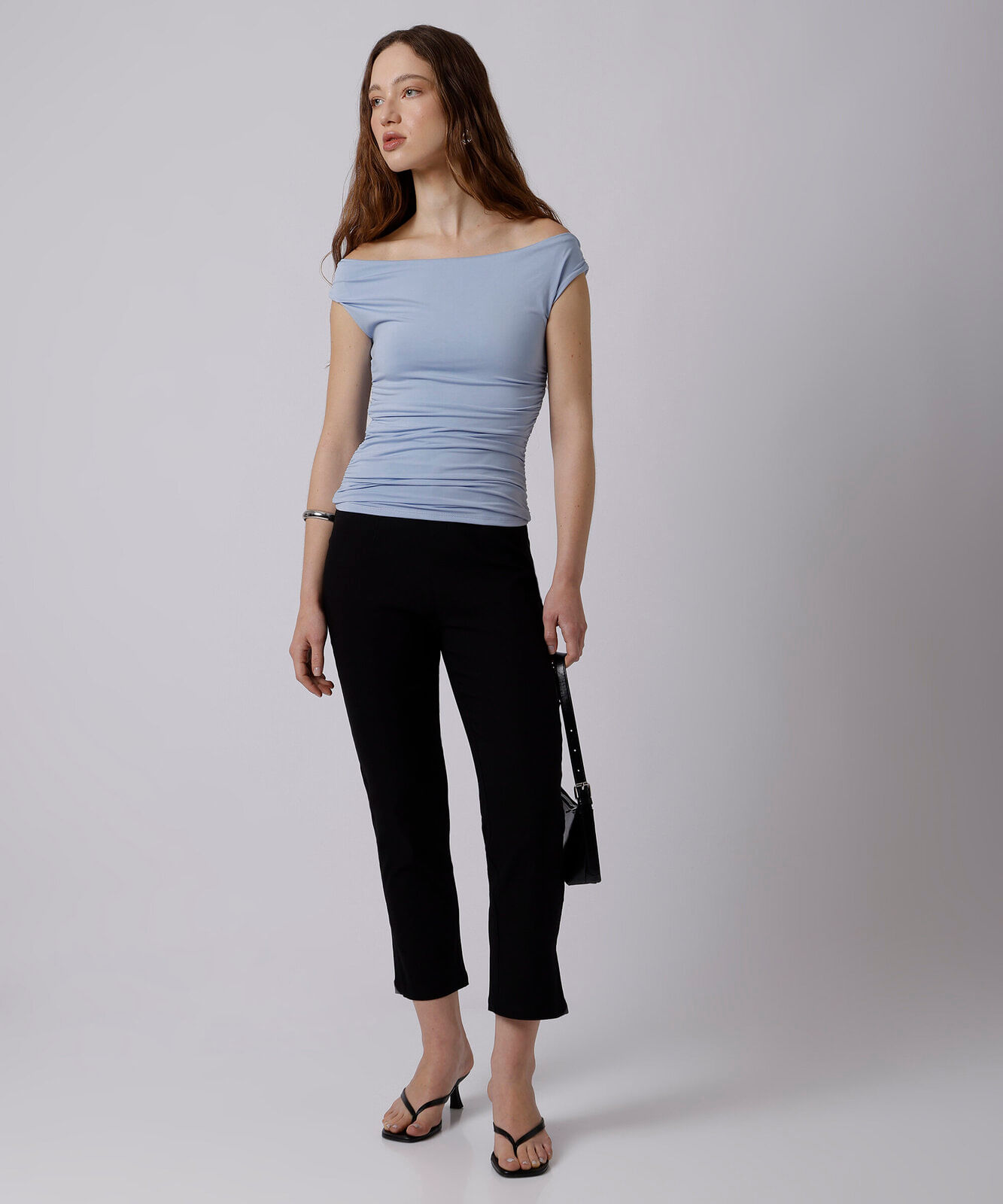 blusa ombro a ombro feminina franzida mindset azul