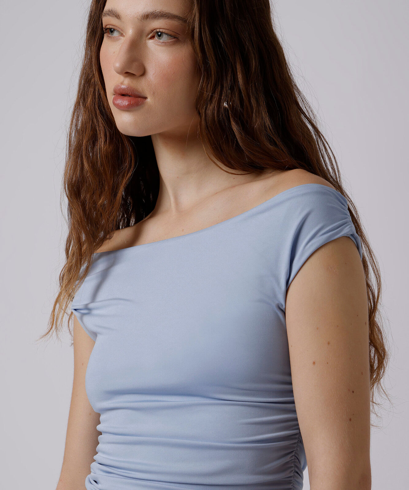 blusa ombro a ombro feminina franzida mindset azul