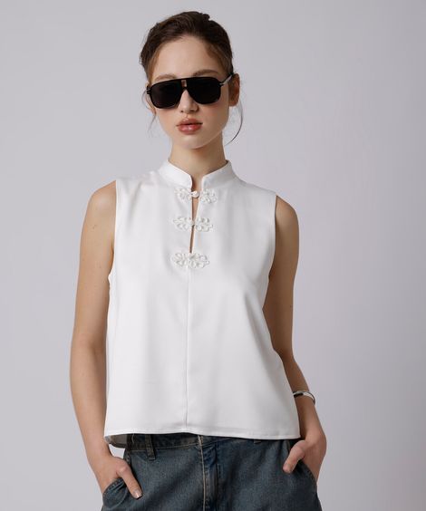 regata feminina gola mandarim acetinada mindset off white