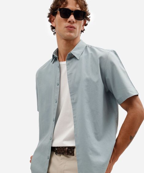 camisa comfort masculina com linho manga curta azul
