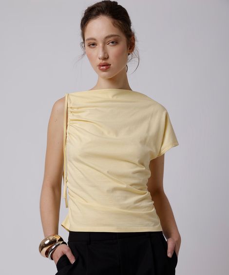 blusa assimétrica feminina de algodão franzida mindset amarela