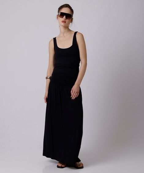 vestido longo feminino de viscose franzido mindset preto