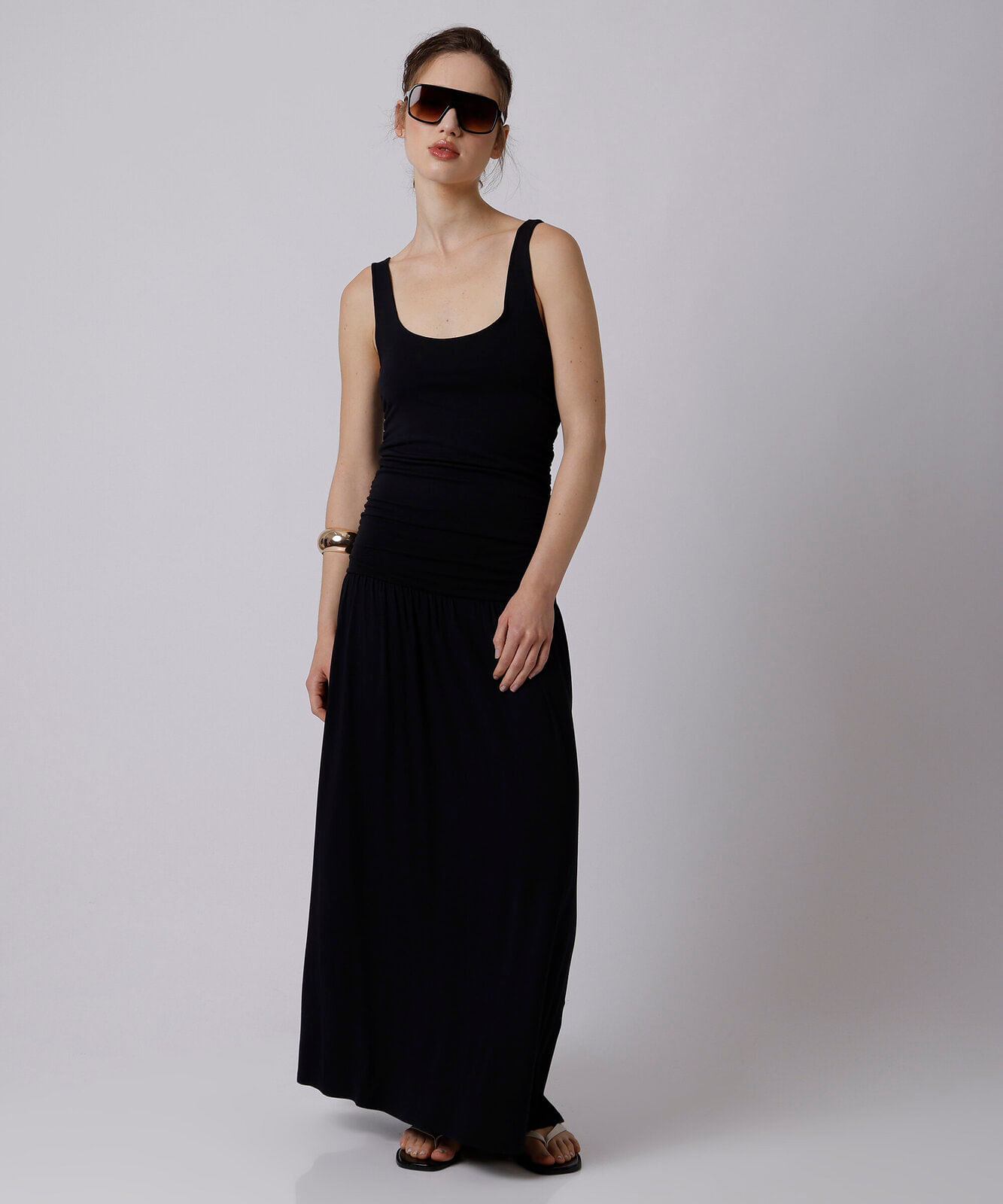 vestido longo feminino de viscose franzido mindset preto