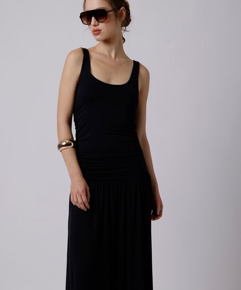 vestido longo feminino de viscose franzido mindset preto
