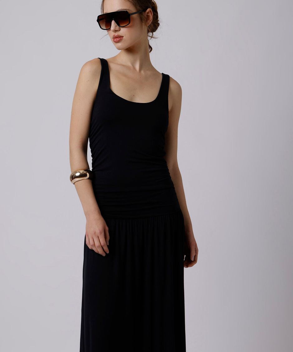 vestido longo feminino de viscose franzido mindset preto