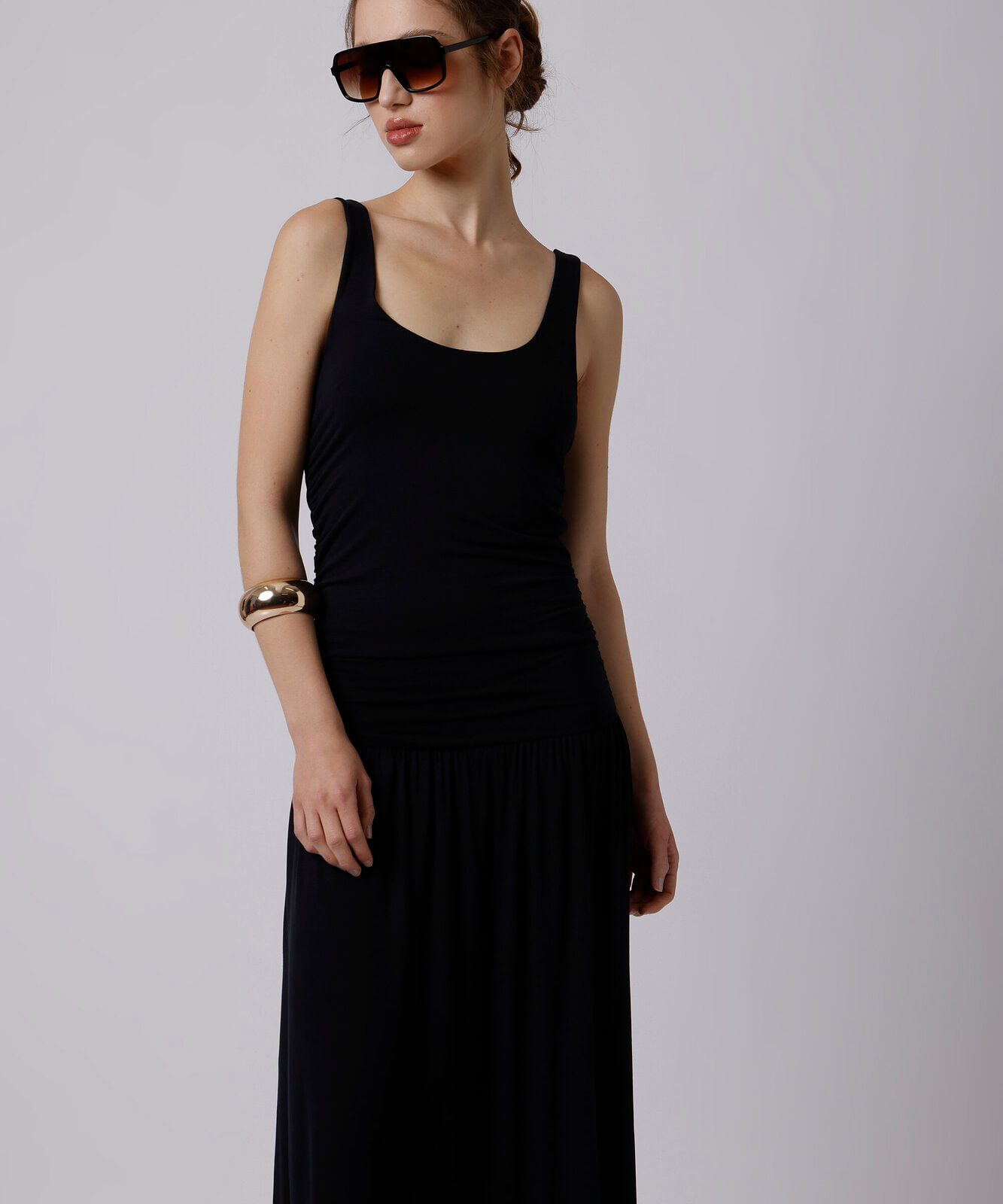 vestido longo feminino de viscose franzido mindset preto
