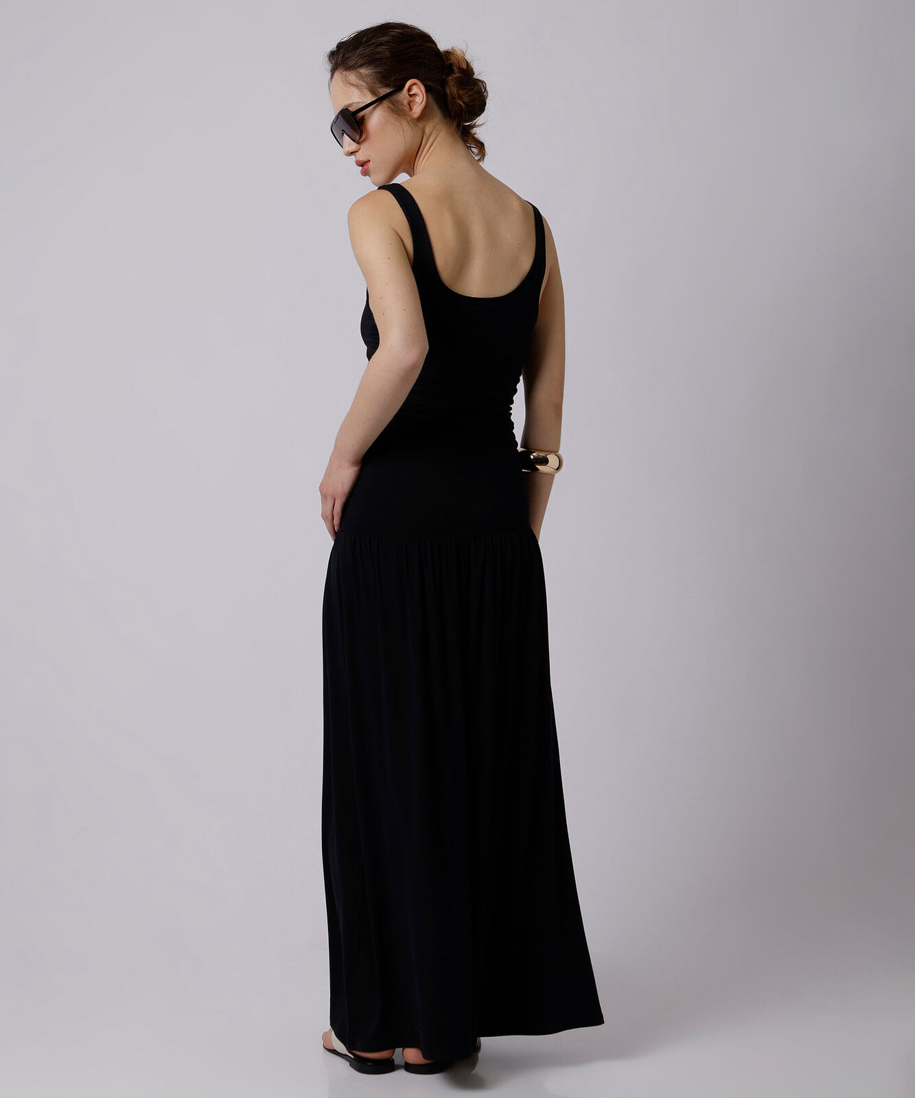 vestido longo feminino de viscose franzido mindset preto
