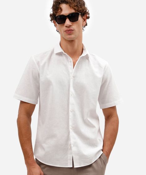 camisa masculina comfort de manga curta de linho com algodão branca