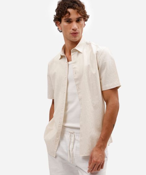 camisa masculina comfort de manga curta de linho com algodão bege