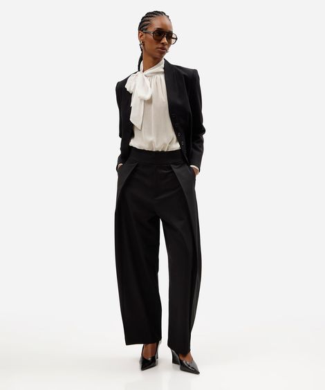 calça balloon feminina de alfaiataria com pregas cintura alta preta
