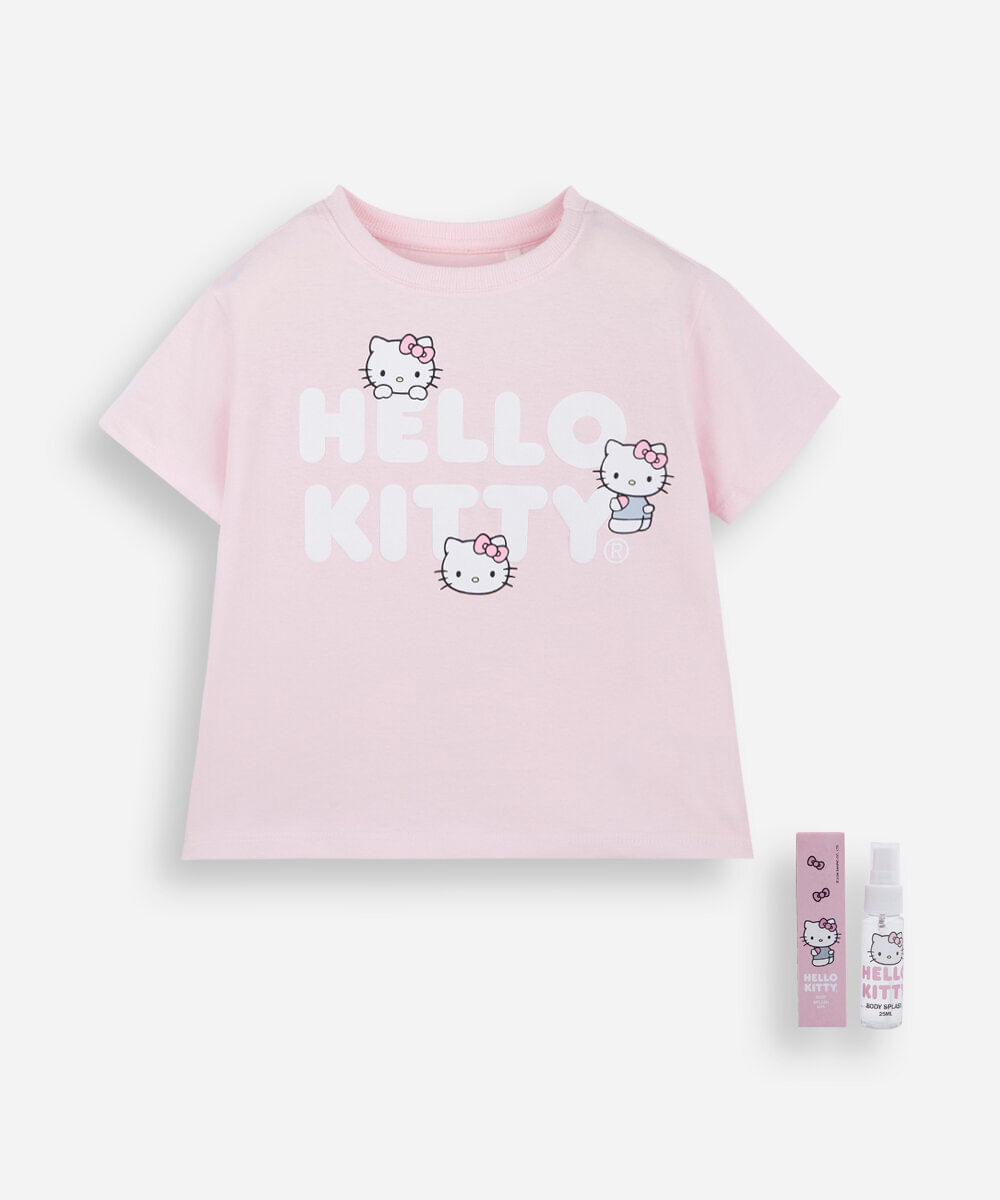camiseta infantil de algodão com estampa hello kitty com brinde rosa