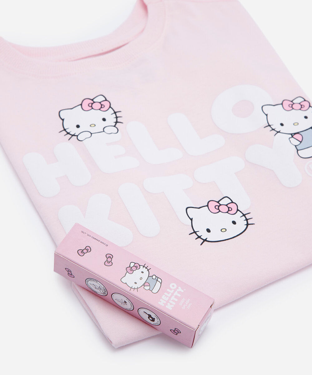 camiseta infantil de algodão com estampa hello kitty com brinde rosa