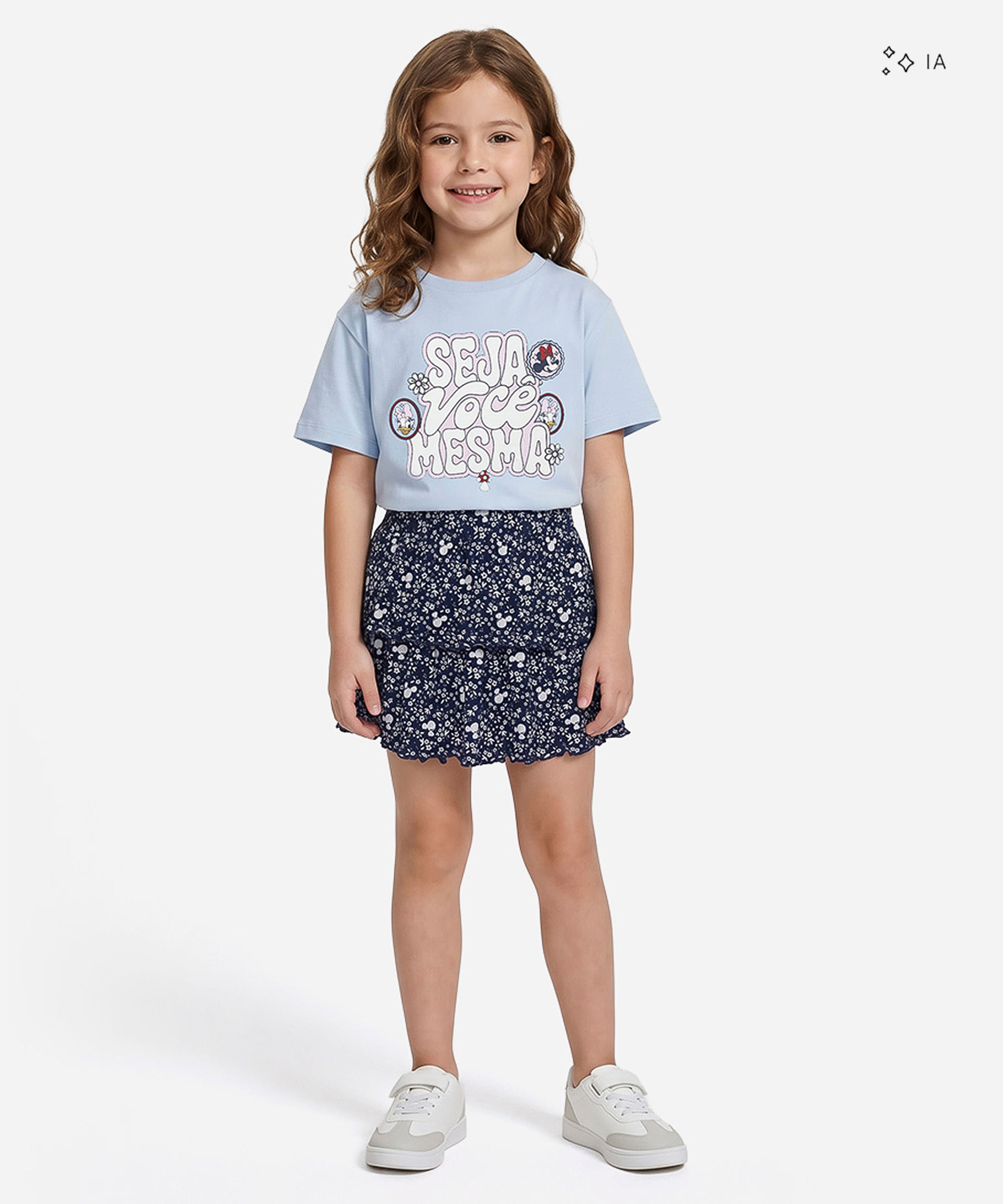 saia curta infantil com babado floral julia faria e mickey e amigos azul
