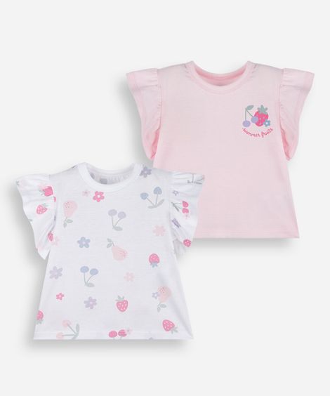 kit de 2 blusas infantis de algodão com manga de babados e estampa de frutas colorido