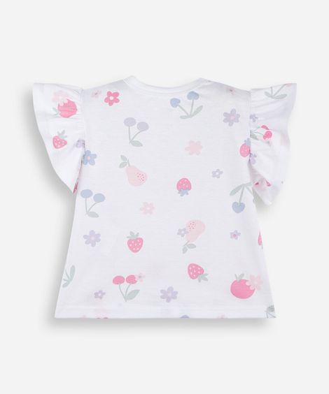 kit de 2 blusas infantis de algodão com manga de babados e estampa de frutas colorido